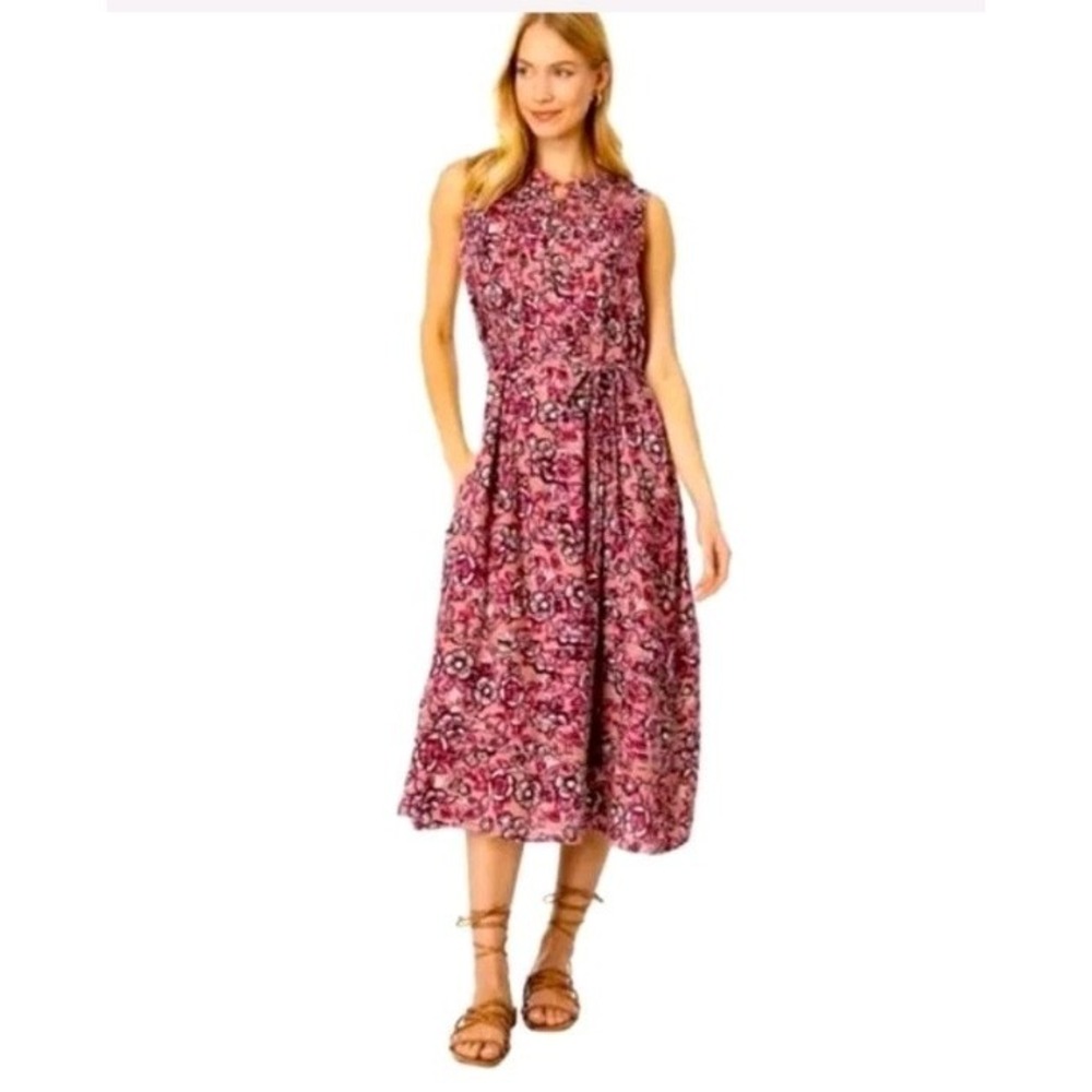 Faherty Linen Blend Isha Floral Midi Dress In Desert Rose Size M Msrp $178